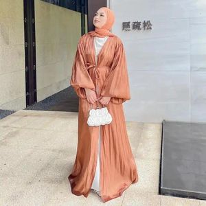 Ubranie etniczne muzułmańskie kobiety abaya sukienka błyszcząca satynowa szata kimono puff rękawa otwarta kardigan Dubai imprezowa suknia Kaftan Jalabiya Ramadan Eid