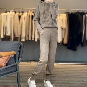Autumnwinter Women's Suit 100 Merino Wool Hooded Pullover Tops Casual Sweatpants Small Ben Pants Sticked Twopiece Set 240118
