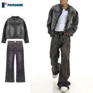 Zestaw dżinsów w High Street Wash Branża Krótki kowbojski kurtka Micro Horn Jeans Male 2pcs Sets Spring Hip Hop Vintage garnitury 240201