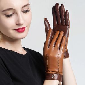 Genuine Leather Women Gloves Female Elegant Two Tones Sheepskin Gloves Autumn Winter Warm Plush Lined 3326 240201