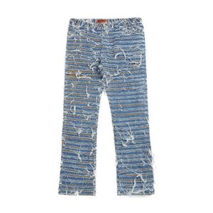 Retro faca corte lavado buraco remendo queimado jeans dos homens azul fino ajuste calças largas denim streetwear hip hop masculino motociclista calças de brim 240202