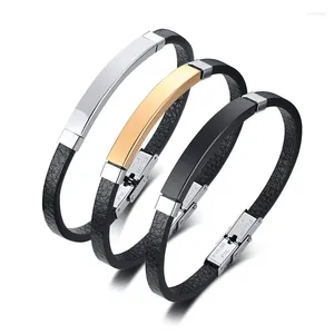 Braccialetti con ciondoli Bracciale in pelle da uomo sottile Barra in acciaio inossidabile con incisione Tag vuoti Stile classico Oro Nero Argento Colori