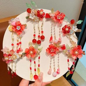 Hårtillbehör Koreanska Hanfu Flower Clips Leaf Pearl Duckbill Clip Year Red Color Tassel Hairpin Barrettes sida