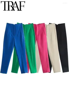 Women's Pants TRAF Woman Pencil Suit Elegant Casual High Waist Zipper Ladies Trousers 2024 Spring Summer Long Blue Green Beige Pant