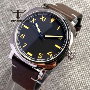 Tandorio 42mm NH35A 20BARスクエアポリッシュドオートマチックメンズウォッチサファイアクリスタルブラックカリフォルニアダイヤルスクリュークラウンレザーストラップ240202