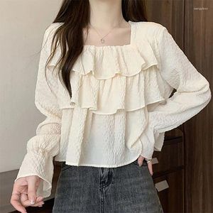 Blusas femininas moda gola quadrada emendadas dobras babados roupas 2024 outono inverno solto doce topos camisas de manga alargamento