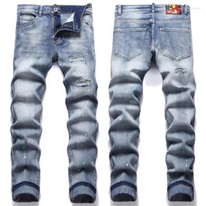 Jeans masculinos quatro estações slim-fit estiramento algodão elástico bordado marca de couro quebrado remendo bagunçado linha moda pan