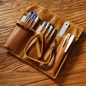 Bolsa de caneta de couro vintage, bolsa de lápis de couro genuíno, minimalista, literária, multifuncional, rolante, papelaria