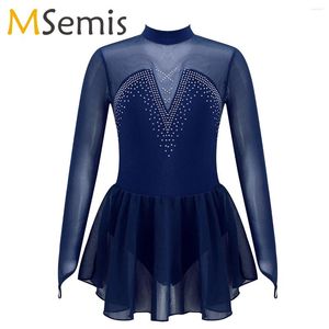 Bühnenkleidung MSemis Kinder Mädchen Glitzerndes Strass-Eiskunstlauf-Kleid Tüll Spleiß Schlüsselloch-Rücken Ballerina-Tanz-Gymnastik-Trikot