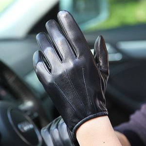 Mens Genuine Leather Gloves Thin Thick Plush Warm Sheepskin Full Finger Touch Screen Driving Winter S2580 240201