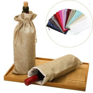 Sacos de armazenamento 15x35cm vinho vermelho garrafa cobre bolsas de champanhe linho cordão embalagem saco de festa de casamento decoração