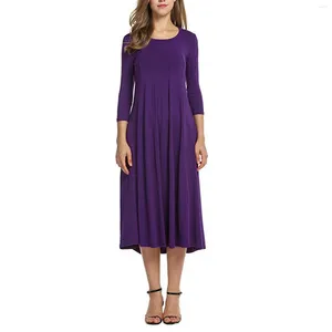 Lässige Kleider, solide, täglich, runder Kragen, Pullover, elegant, Party, lockeres Schößchen, plissiert, Damenkleid unter dem Knie, weich, 3/4-Ärmel, kausal, lang, Maxi