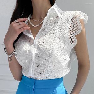 Kvinnors blusar Summer Ruffles Elegant Lace Blue White Hollow Out Button Up Shirt Women Flying Sleeve Woman Design Lady Tops 26728