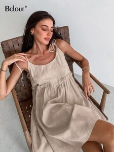 Casual Dresses Bclout Summer Khaki Linen Dress Women Elegant Spaghetti Strap A-Line Loose Fashion Ruched Lace-Up Sexy Mini 2024