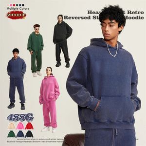 ZODF Winter Autum Mens tvättade 355GSM Fleece Hoodies unisex Par retro överdimensionerade rippade huvtröjor tröjor HY0652 240126