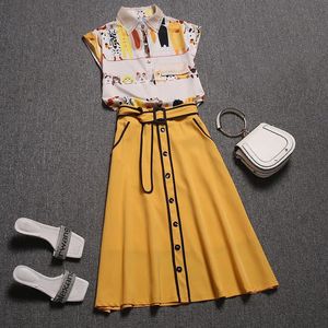 With Belt Summer Skirt Suit Women Short Sleeve Cartoon Print Blouses Tops And Spliced Slim Long Young Lady Skirts Suits Set NS74 240202