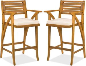 Camp Furniture Set Of 2 Outdoor Acacia Wood Bar Stools Chairs For Patio Pool Garden W/Weather-Resistant Cushions - Teak Finish