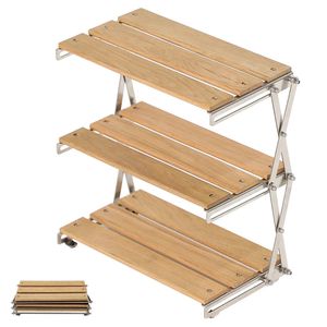 SOOMLOOM CAMPING Natural Oak Rack Foldbar utomhus 3Plies Portable Collapsible Folding förvaring Träsko Shelf 240126