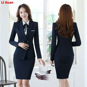 Högkvalitativ Autumn Winter Formal Blazer Business Suits With Set Korean Women Work Wear Office Uniform Dark Blue Skirt Jacket 240202