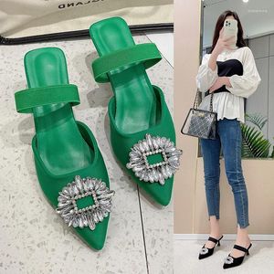 Sandals 2024 Women's Shoes Pointed Toe Shallow Nude Green Diamond Low Heel Back Strappy Women Large Size 43