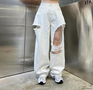 Jeans femininos mulheres vintage y2k baixo aumento solto calças largas perna harajuku branco rasgado buraco baggy denim calças 2024 namorado reto