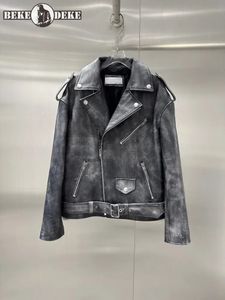 Vintage Women Punk Moto Biker Genuine Leather Jacket Zipper Lapel Loose Fit High Quality Cowhide Short Coat Customized 20 Days 240129