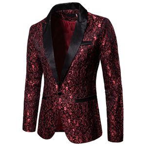 Altın Jakar Bronzing Çiçek Blazer Suit Mens Tek Düğmesi Blazer Ceket Gelinlik Partisi Stage Singer Kostüm 240118