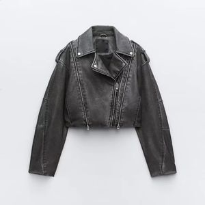 Feminino curto fazer velho efeito imitação de couro jaqueta de motocicleta lavado casaco de couro cinza feminino 240124