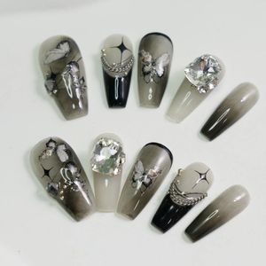 False Nails Moonlight Pink Diamond Plaid /Y2K -Stil /3D -Nagel /handgefertigte Drücken auf Nägeln /Drückennagel