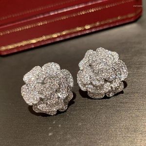Stud Earrings S925 Silver Exquisite Camellia Flower For Women AAAAA Cubic Zirconia Elegant Generous Wedding Banquet Jewelry Gift