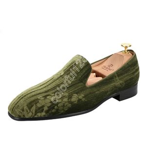 Chinese-Style Bird And Flower Printed Velvet Men's Loafers For Party Or Wedding Handmade Slip-On Red Bottom Moccasins