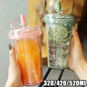 420ml Ins Bubble Tea Cup Glitter Water Bottle Double Layer Portable Tumbler with Straw Plastic Coffee Cup with Lid Leakproof Cup 240130