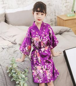 2020 Spring Summer Children Satin Robes Kimono Bath Robe Kids Flower Print Girl Silk Bathrobe Kids Vneck Laceup Nightgown4195379