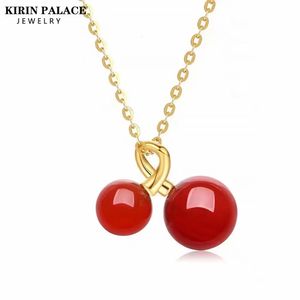 Real 18K Gold Red Agate Pendant Necklace Luxury Cherry Design Guine Pure AU750 Chain for Women Fine Jewelry Birthday Present 240125