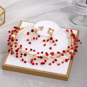 Necklace Earrings Set Red Bridal Hair Accessories Hand-beaded Toast Dress Super Fairy Headband Headdress NA