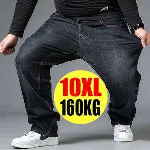 Herrens stora storlek svarta jeans 10x överdimensionerad hög midja lösa byxor make plus denim blå manliga byxor 240129