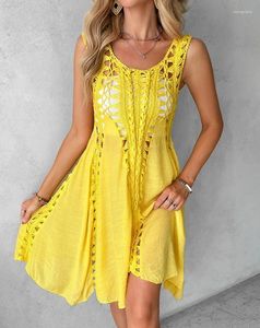 Casual Dresses Sweet And Fresh Women 2024 Summer A Line Dress Fashion Round Neck Sleeveless Hollow Out Crochet Daily Commuting