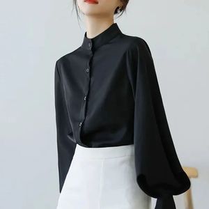 Vintage Chiffon Shirts Women Lantern Sleeve Black White Bluses Korean Office Lady Elegant Solid Loose Casual Tops 240202