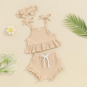 Kläduppsättningar Småbarn Infant Baby Girls Summer kläder Solid Ruffle Sleeveless Halter Crop Tops Bloomers Shorts Set Cute Outfits