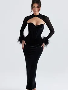 Sukienki zwyczajne seksowne czarne pióra bodycon sukienka siatka długie rękaw Midi Party Night Club 2024 For Women Fish Bone Vestidos