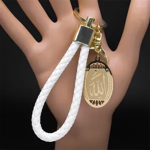 Keychains islamiska arabiska Allah rostfritt stål hänge nyckelring för kvinnor män guld färg pu läder muslimska arabiska nyckelring smycken llaveros