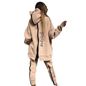 Winter Chic Oversizeal Tracksuit Back Zipper Długie spodnie z kapturem Set Street Sportswear Pullover Hip-Hop Dwuczęściowe stroje kobiet 240124