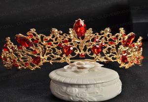 Gold Siver Bridal Tiara med röd kristall högkvalitativ fantastisk stor tävlingskrona ingen kam brithday fest po hår tillbehör3536634