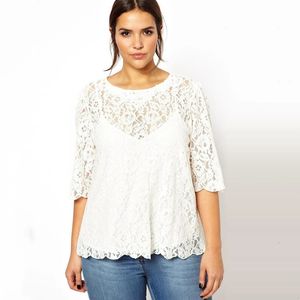 Plus Size Elegant Fashion Lace Blouse Women Solid White Quarters Sleeve Button Back Spring Office Casual Top T-shirt 6XL 7XL 8XL 240202