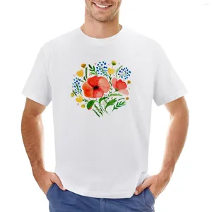 Herrtankar blomma bukett med vallmo - röd grön och gul t -shirt sommarstopp plus storlek pojkar vita bluskläder
