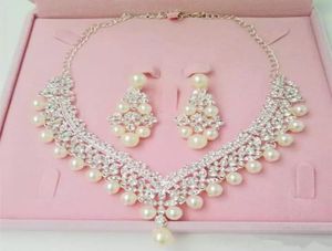 Lyxiga strass brud smycken sätter pärlor silver kristaller bröllop halsband och örhängen för brud prom kväll fest accessor4732451