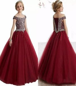 2020 Ucuz Burgundy Kırmızı Prenses Kızlar Pageant Elbiseler Kepçe Boyun Kristal Boncuklar Korse Geri Çocuk Partisi Doğum Günü önlükleri Çiçek Kızlar3977973