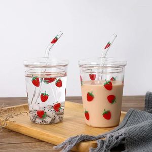 Wine Glasses 350ml Cute Strawberry Glass High Borosilicate BPA Free Coffee Cup With Straw Creative Milk Tea Water Drinkware Gift