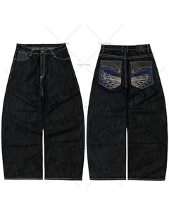 Y2K Wings Jeans con motivo ricamato Uomo Vintage anni '90 Pantaloni neri dritti larghi a vita alta Oversize Gamba larga Strada giapponese 240122