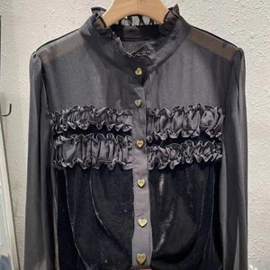Blusas femininas 2024 outono gola de ouro veludo splice camisa blusa manga longa outono/inverno elegante topo de alta qualidade